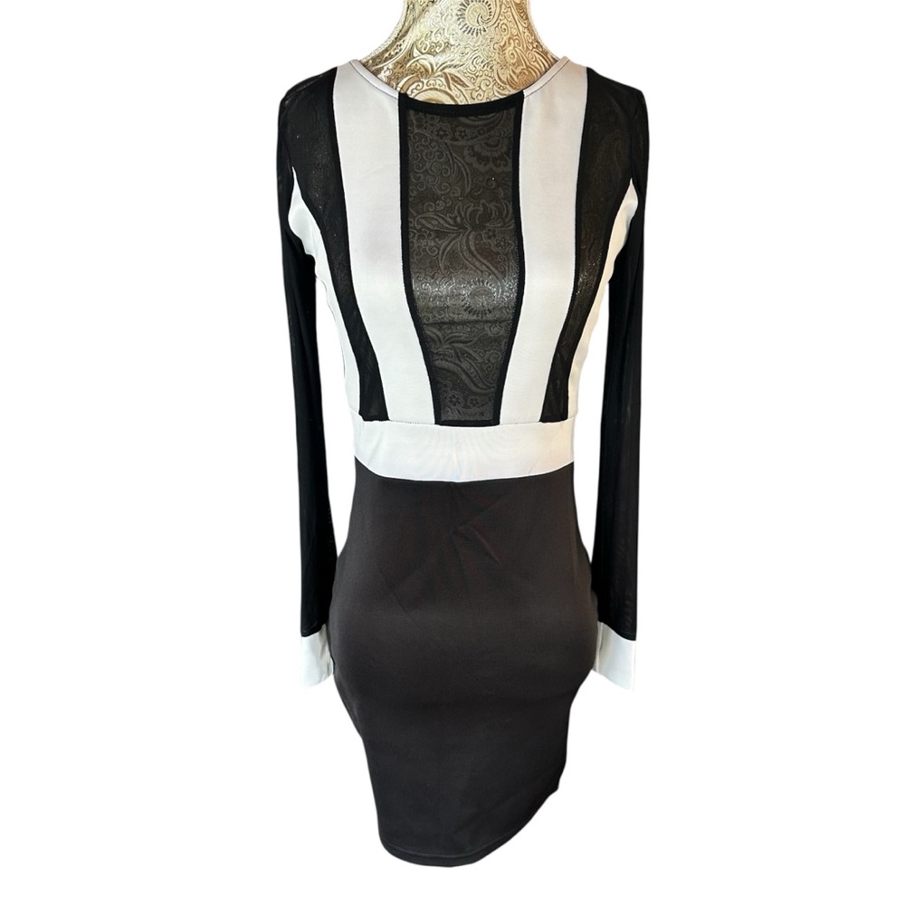 Sexy Stretch Black and White Sheer Panel Cocktail Dress Baddie Hot Size Small